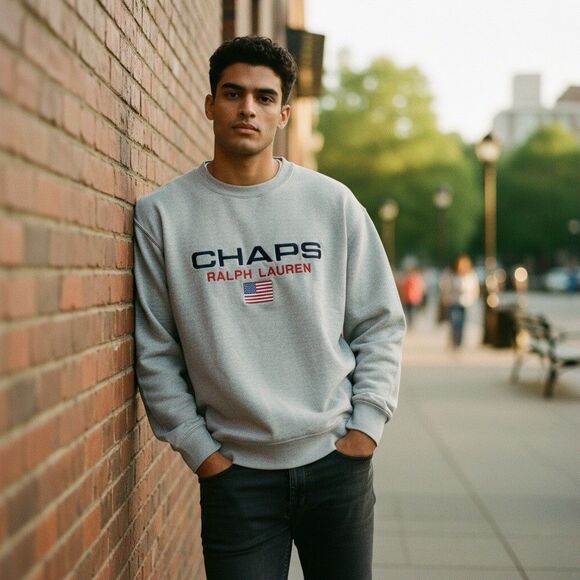 Vintage Ralph Lauren Chaps Crewneck Sweatshirt Men's L USA Flag Logo Y2K 90s - Picture 1 of 5